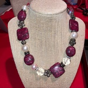 Statement SET necklace/earrings pink/silver/pearls